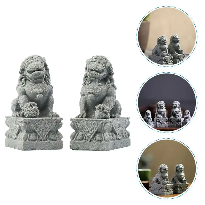 Pair of mini stone lion statues made from bluestone sand and resin for desktop decoration.