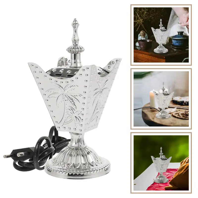 Golden vintage electric incense burner with ornate metal design on white background showing EU plug.