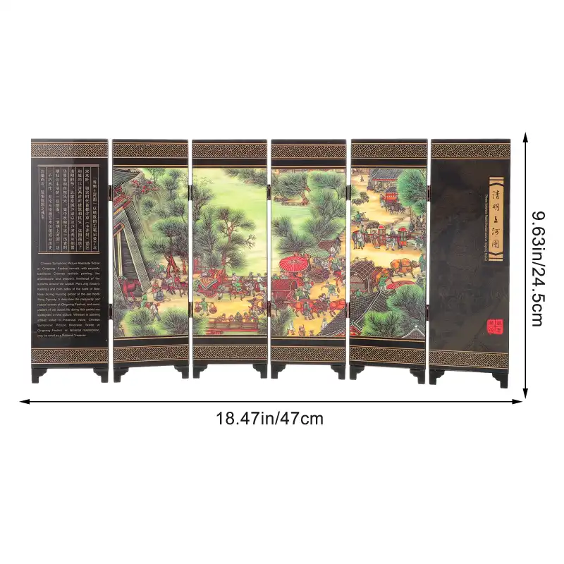 Mini wooden six panel folding screen displaying classic folk custom patterns in bedroom setting.