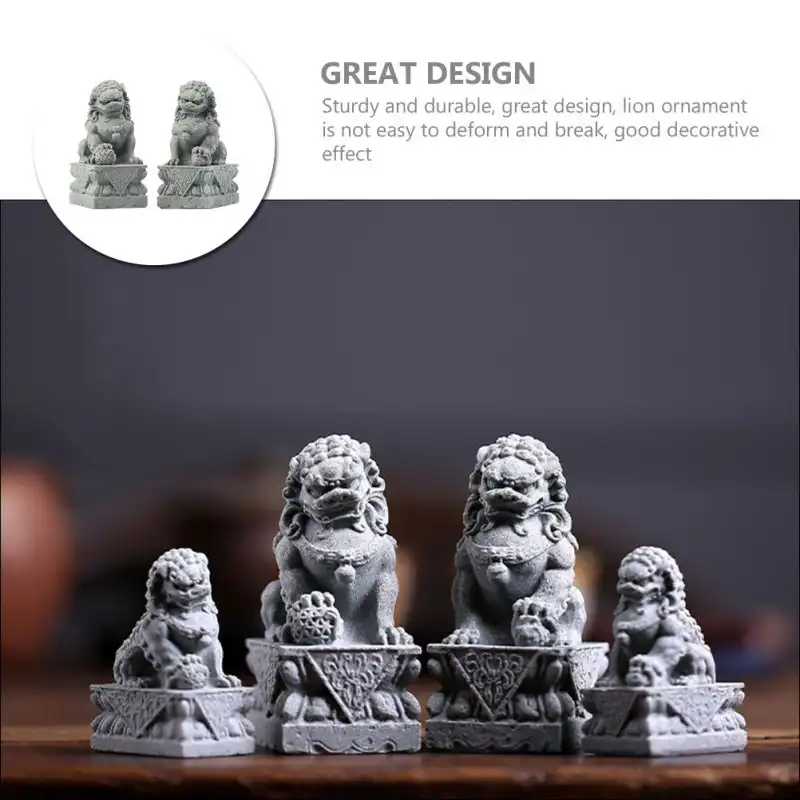 Side angle of desktop lion statue highlighting traditional Chinese guardian lion design elements.