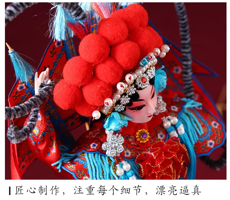 Close-up detail of hand-drawn facial patterns and intricate mask design on silk figurine.