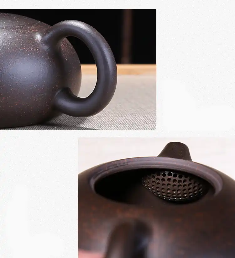 Complete tea set arrangement with unique shape purple clay teapot and matching tea accessories.