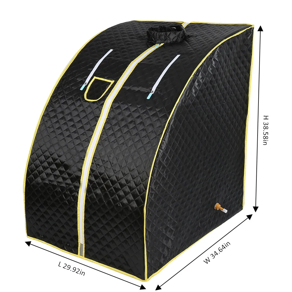 Portable steam sauna spa tent setup with 4L 2000W generator and stainless steel support frame.