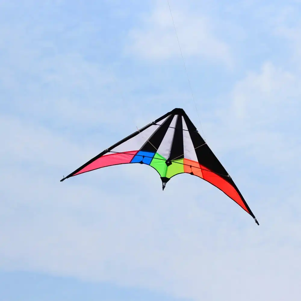 Professional 48 inch rainbow dual line stunt kite performing aerial maneuvers against clear sky.