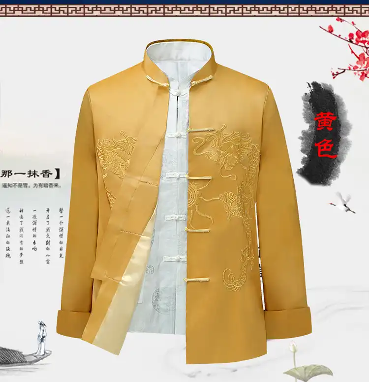 Tang suit jacket styled for formal occasion with traditional Chinese accessories.