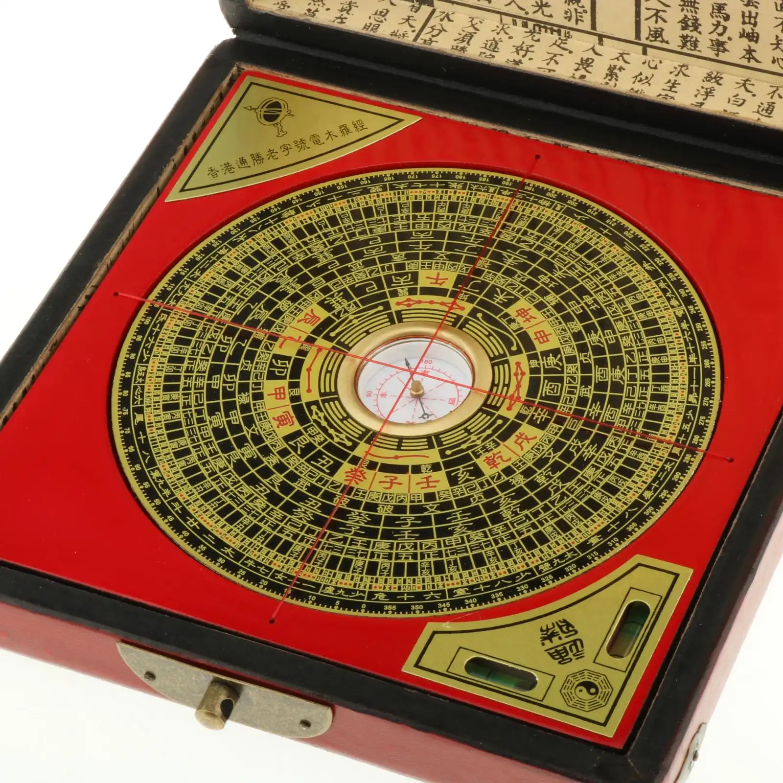 Premium leather storage box opened showing 5-inch feng shui compass with protective case.