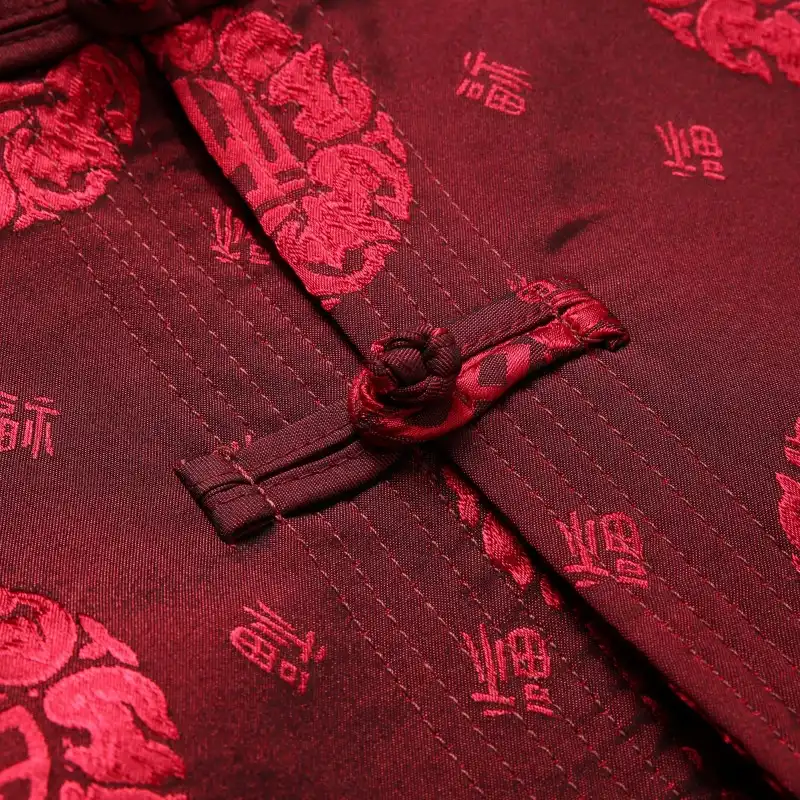 Mens traditional Tang suit jacket in classic color showing oriental collar design and button details.