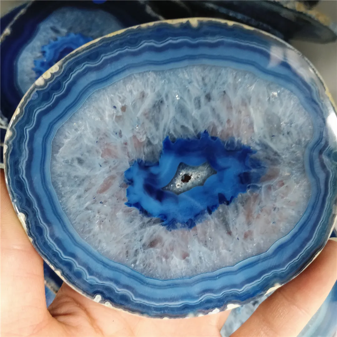 Natural blue agate slices coaster set showing multiple pieces with unique crystal patterns.