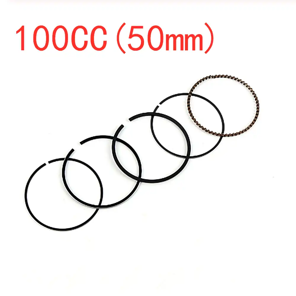 GY6 piston ring set showing multiple sizes from 39mm to 57.4mm for scooter engine repair.