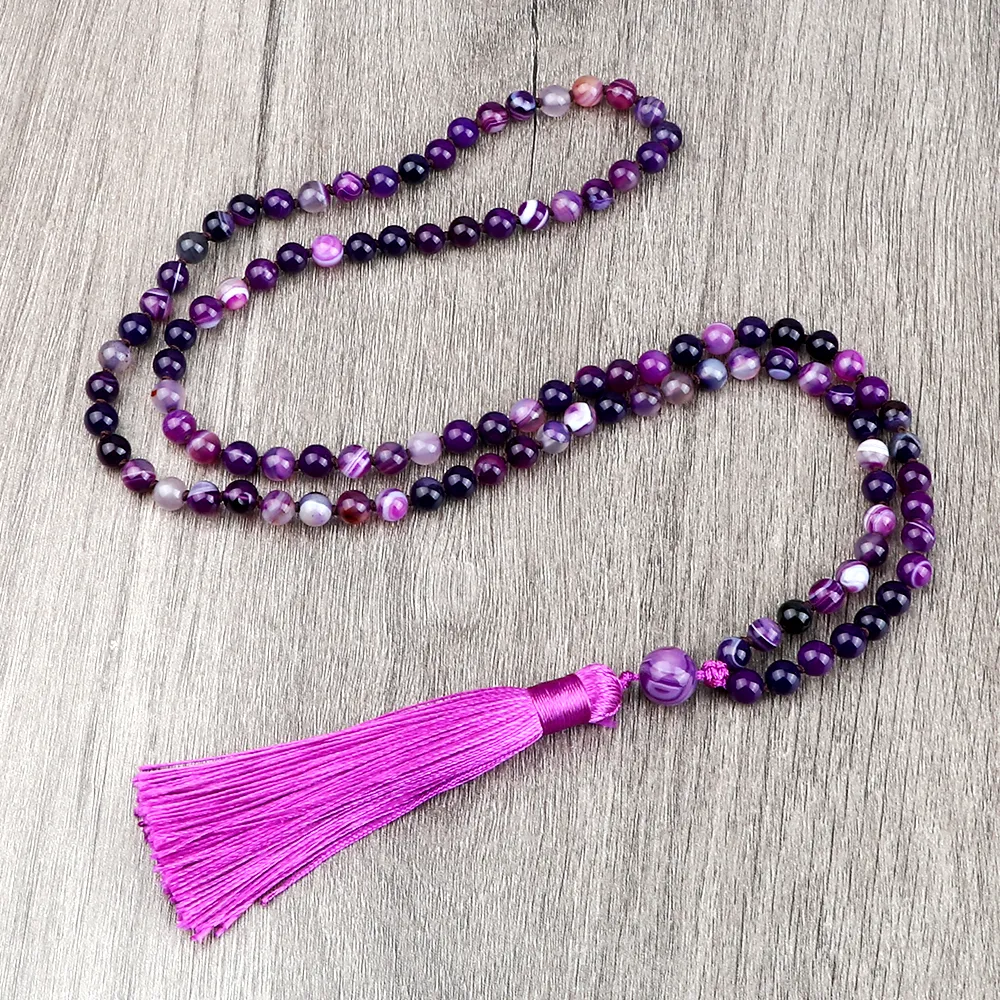 Natural green stripe onyx Buddhist mala necklace with 108 prayer beads for meditation.