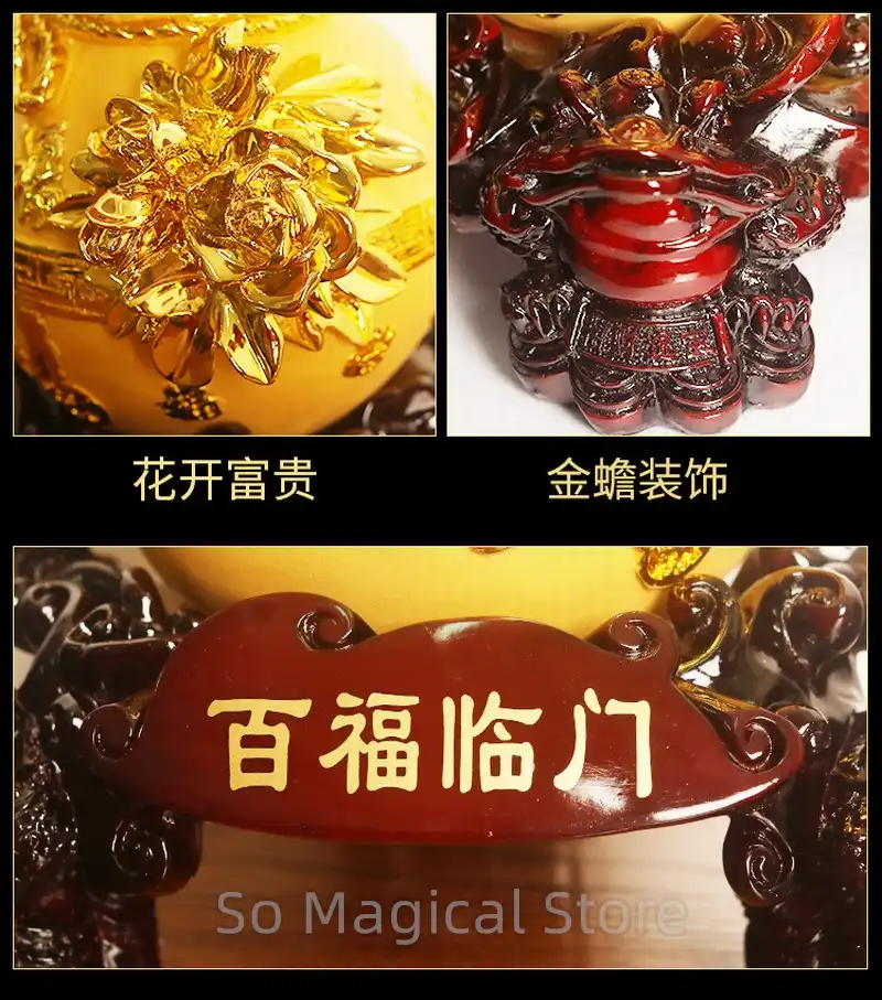 Golden brass wu lou feng shui gourd ornament on white background showing full product details.