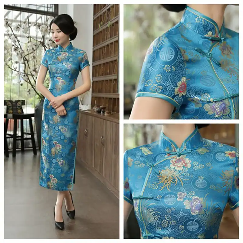 Model wearing green qipao in outdoor setting demonstrating dress elegance and comfort.