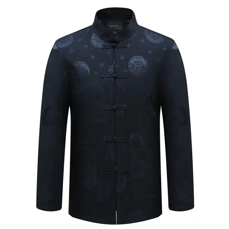 Close up detail of Tang suit jacket fabric texture and construction quality with jersey material.