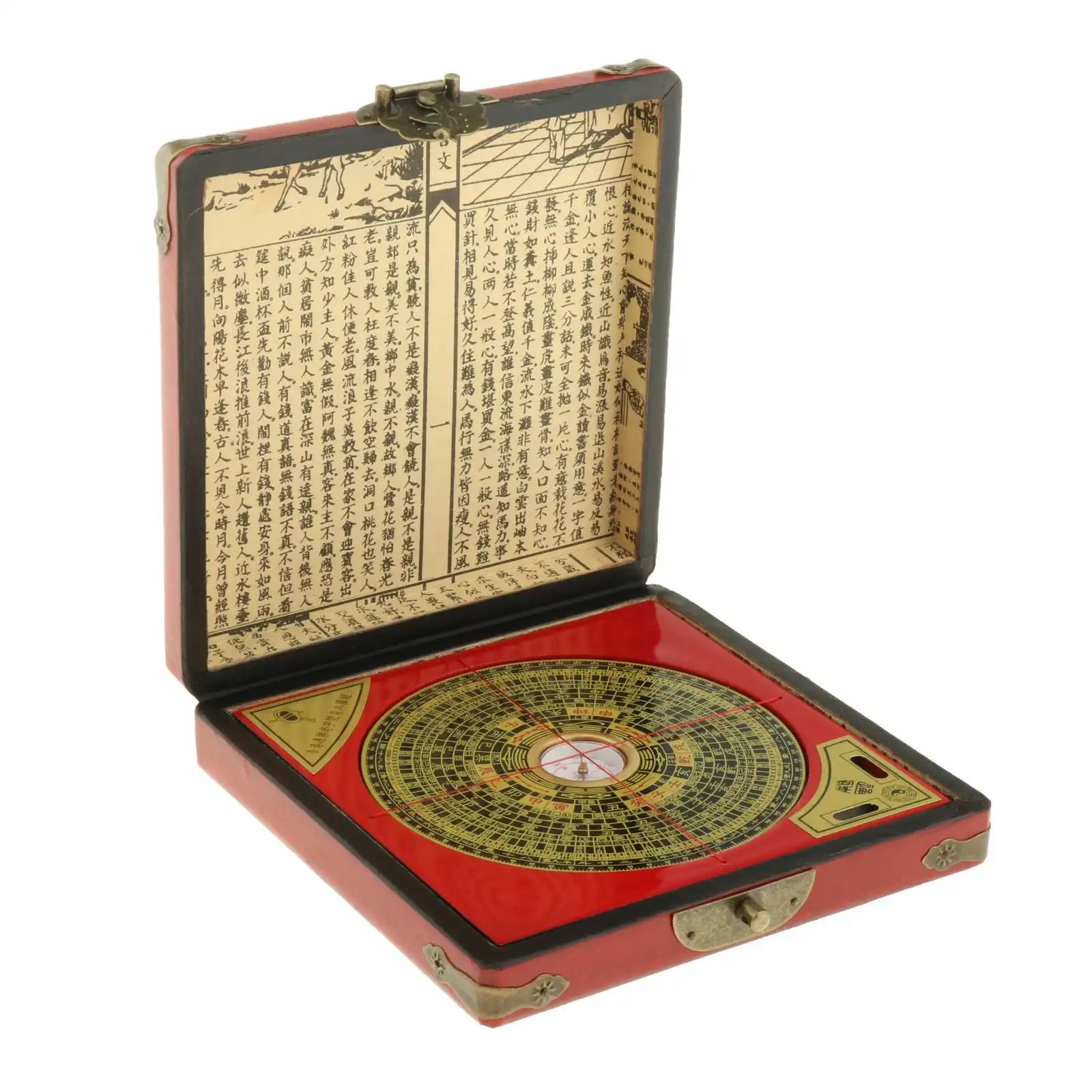 Detailed view of outer ring showing Chinese characters and geomantic symbols for feng shui.