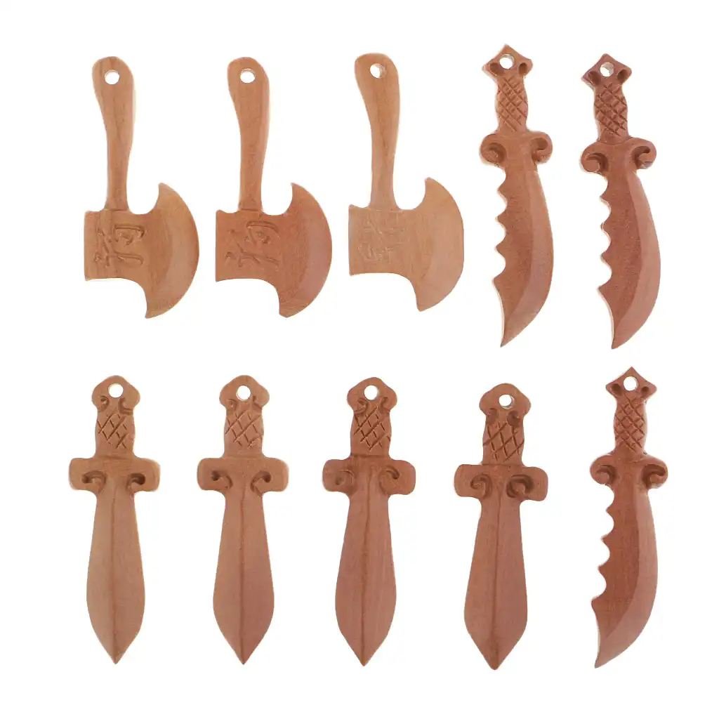 Finished bracelet and necklace examples using peach wood sword pendants for feng shui protection.