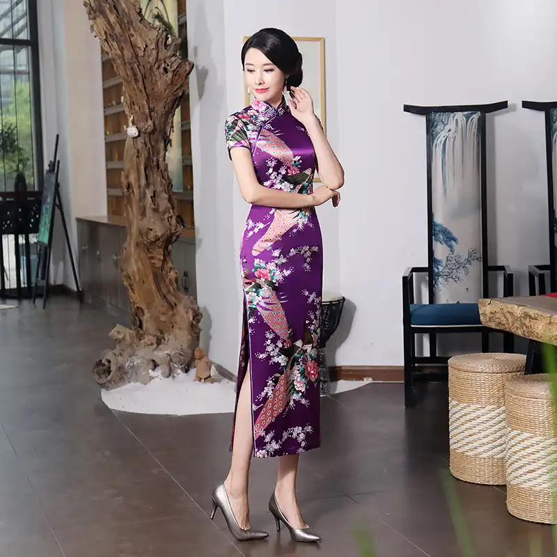 Purple qipao dress styled for cultural celebration showing authentic traditional appeal.