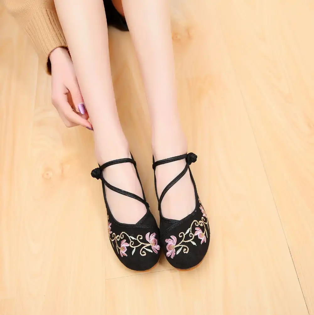 Embroidered pumps modeled with traditional Chinese outfit demonstrating cultural styling.