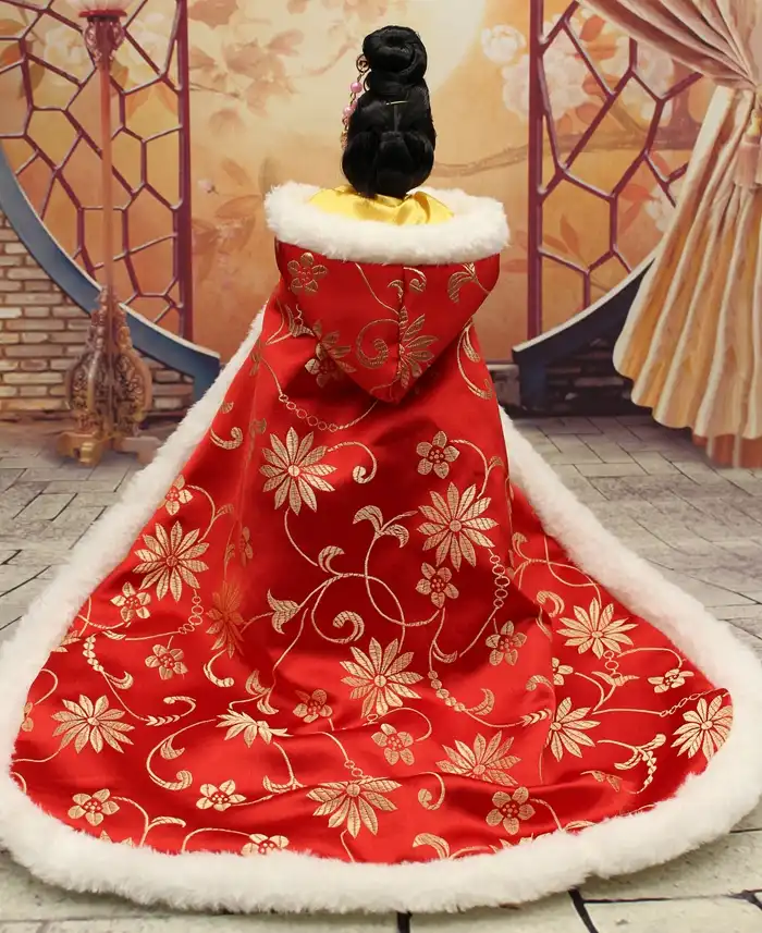 Close up of handcrafted Hanfu dress fabric patterns and traditional Chinese decorative elements.