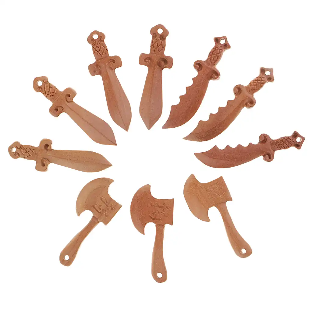 Set of 10 handcarved peach wood sword knife axe pendant charms for DIY jewelry making projects.