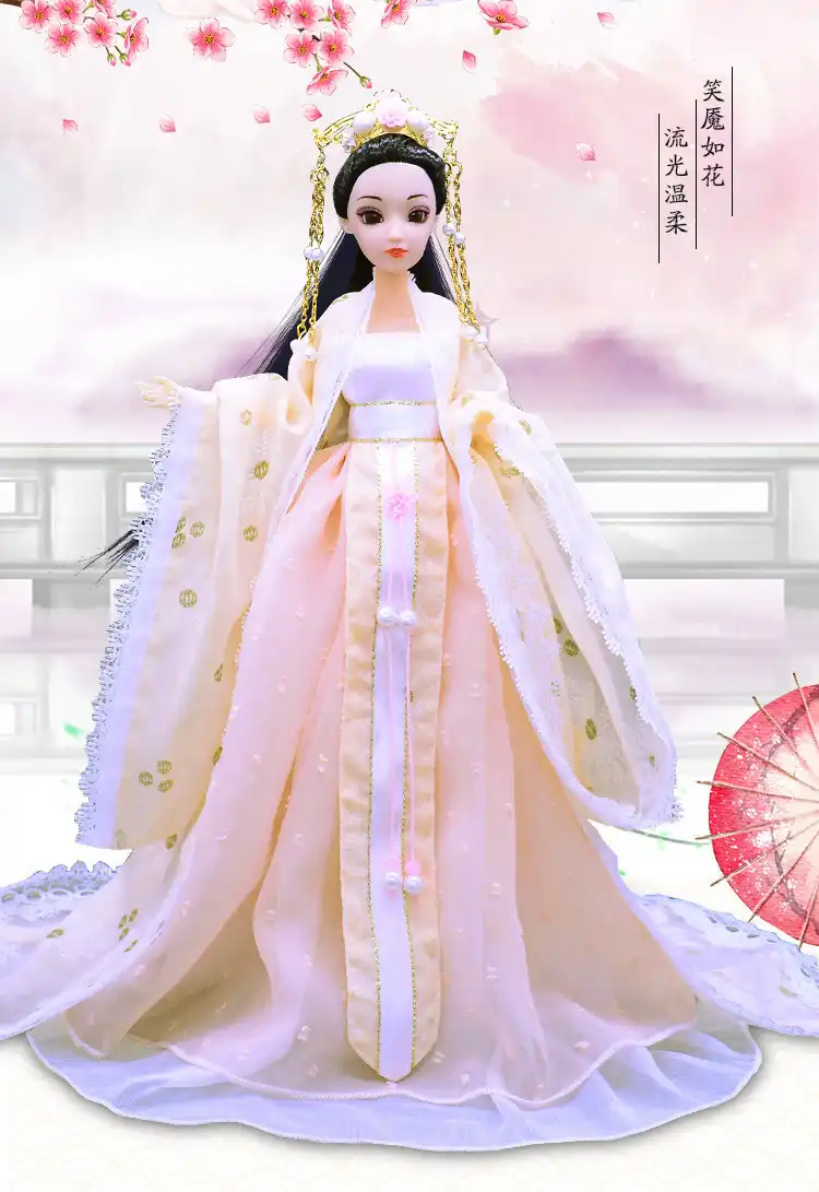 Side view of jointed doll displaying elegant court fairy suit silhouette and styling.