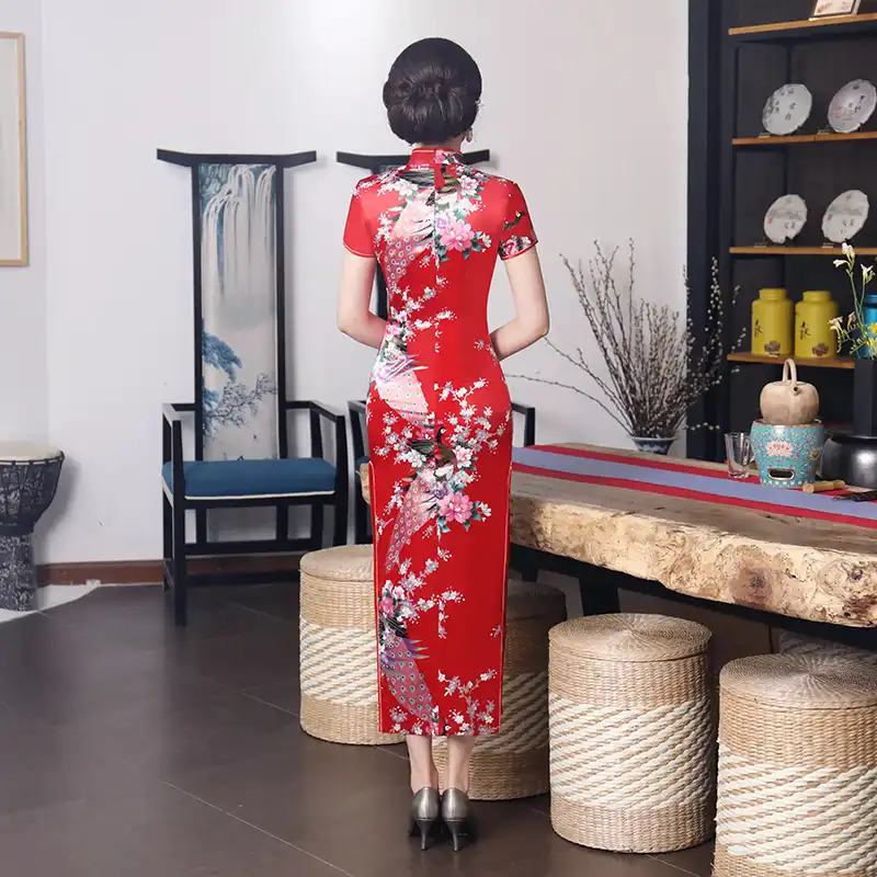 Front view of purple cheongsam displaying traditional Chinese styling and ankle length.
