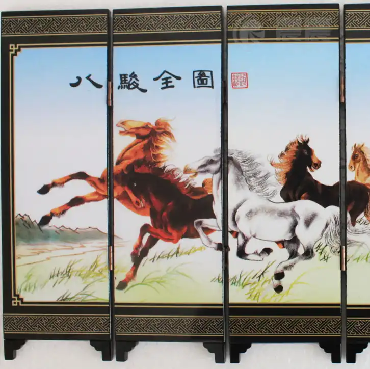 Chinese lacquer folding screen displaying eight galloping horses painted in traditional style.