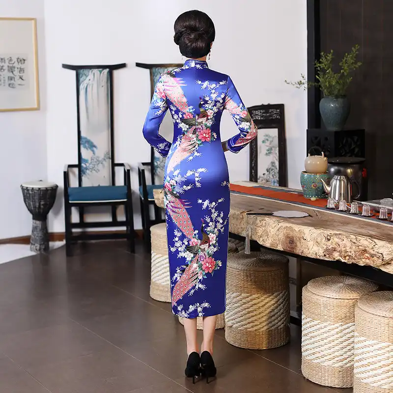 Purple cheongsam dress styled for Chinese evening event showing sophisticated appeal.
