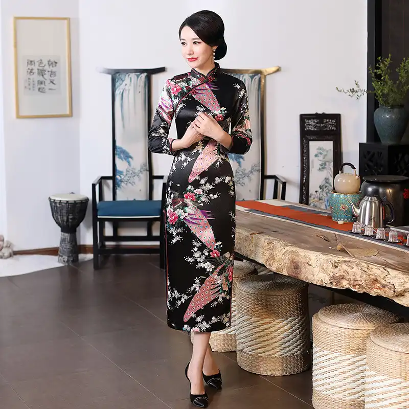 Model wearing purple satin cheongsam in casual daily setting demonstrating versatility.