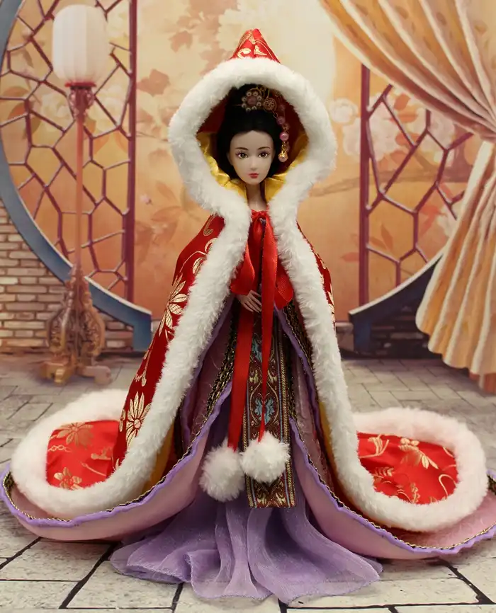 Complete Chinese ancient costume outfit displayed on doll showing authentic Hanfu styling and details.