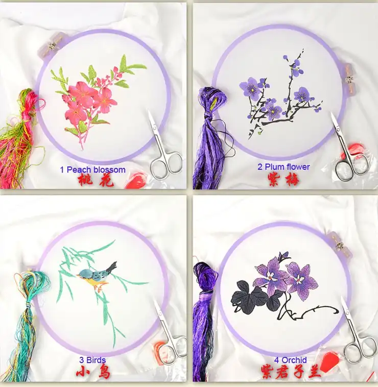 Detailed close-up of Suzhou embroidery stitching technique on silk fabric handkerchief.