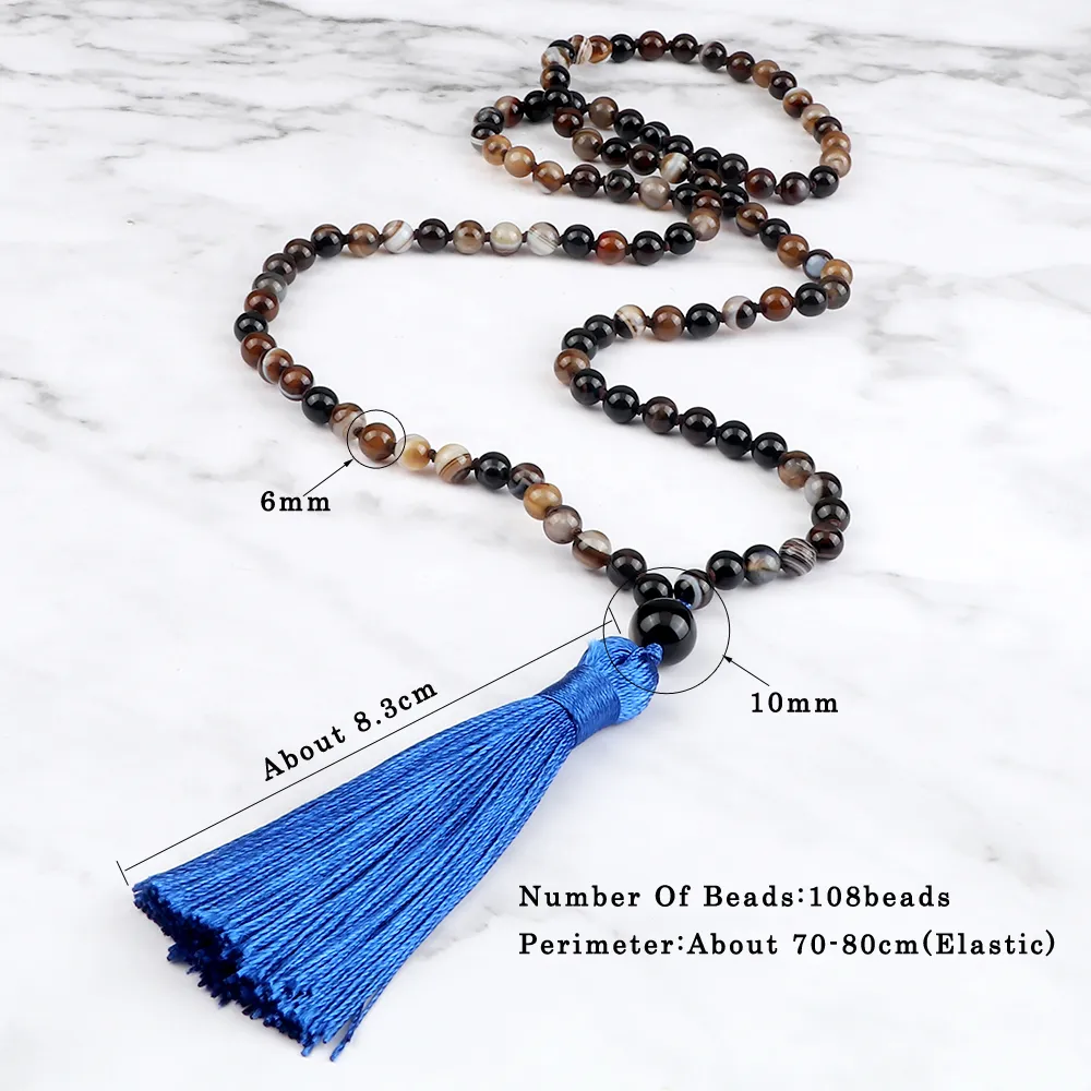 Buddhist mala necklace worn around neck displaying 70-80cm adjustable length design.