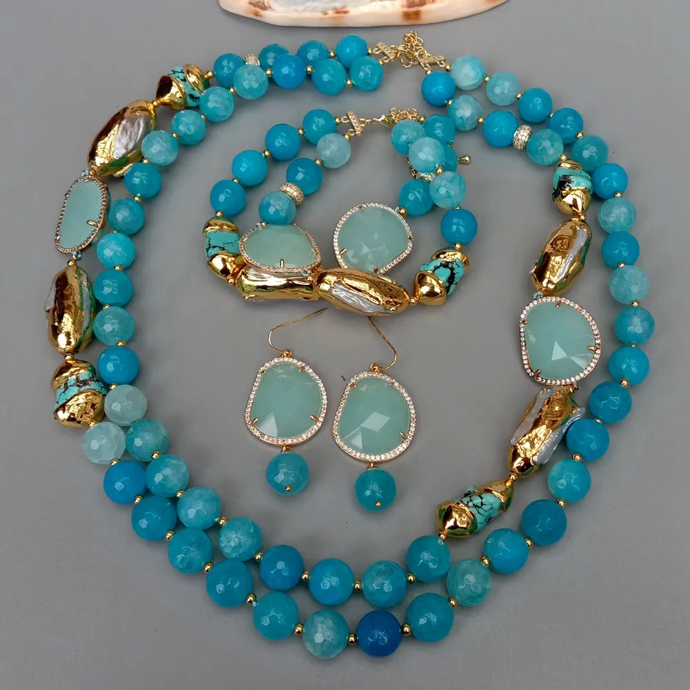 SETTIMANA blue agate turquoise pearl jewelry set showing 2 rows necklace bracelet earrings.