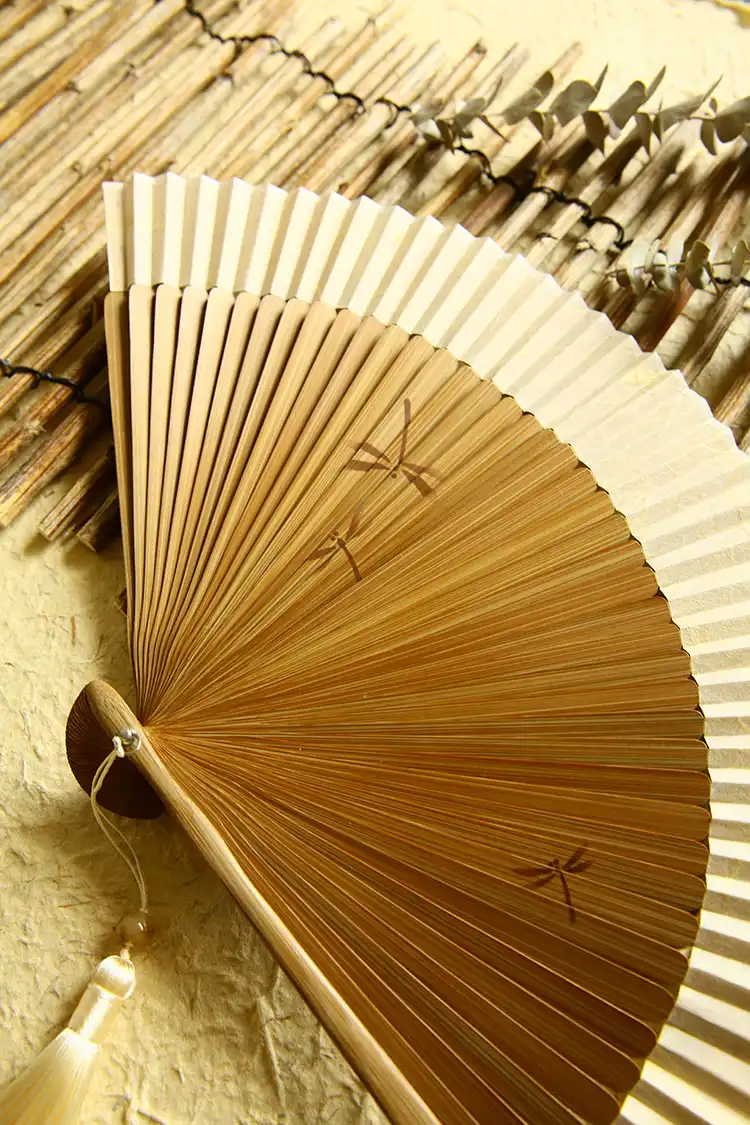 Traditional Japanese interior setting featuring dragonfly fan as cultural decoration element.