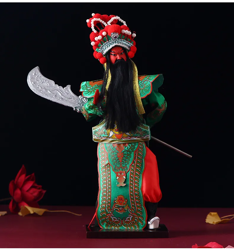 Living room shelf decoration featuring Chinese opera silk figurine as accent piece.