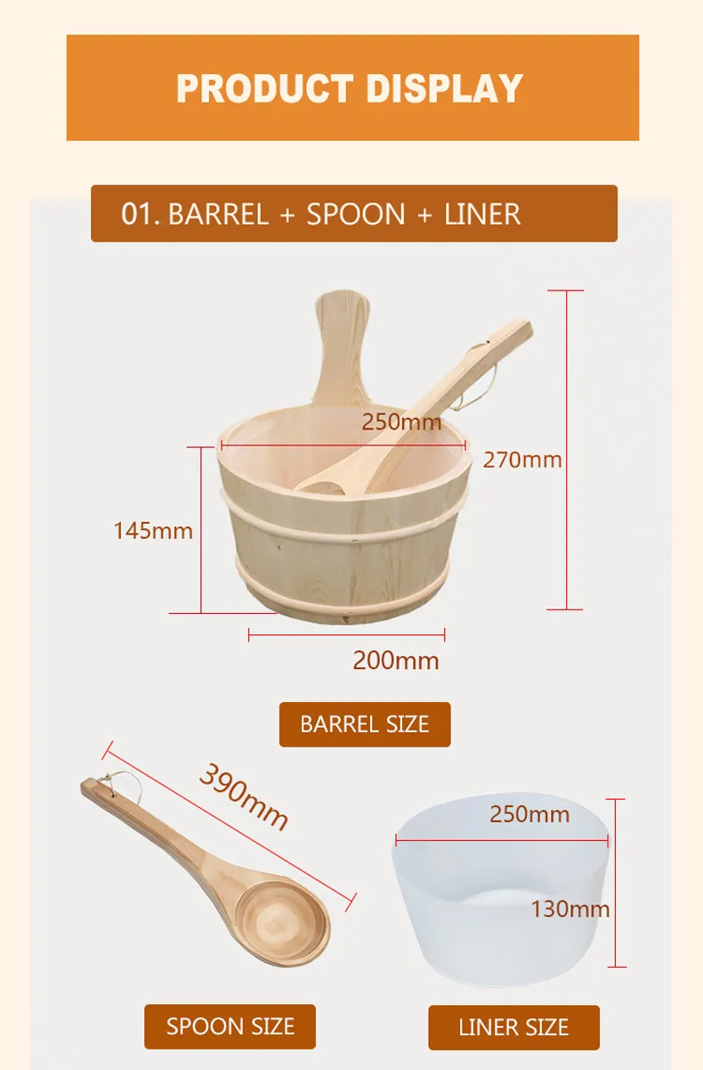 Complete sauna bucket and ladle set displayed as premium spa gift packaging presentation.