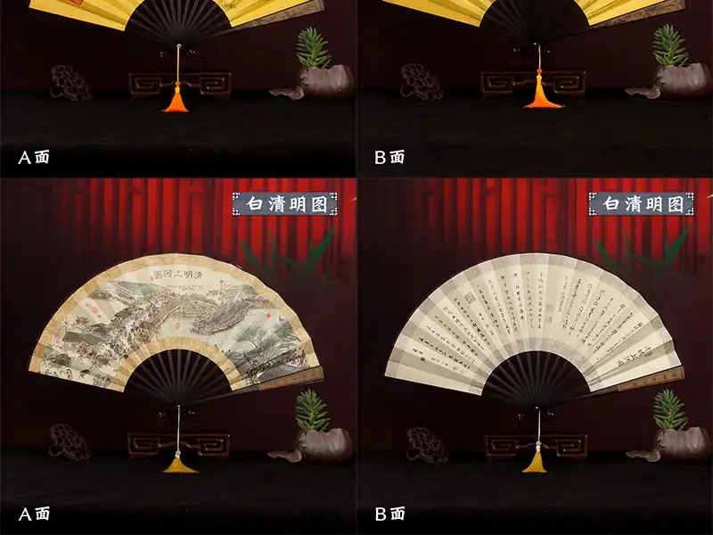 Professional businessman using large Japanese folding fan during outdoor business meeting.
