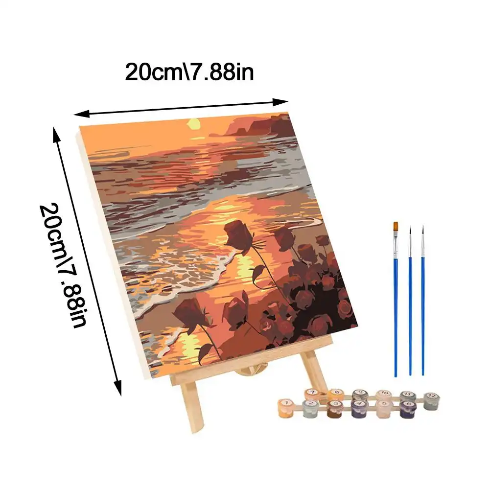 20x20cm finished sunset flower painting displayed in wooden frame on wall.
