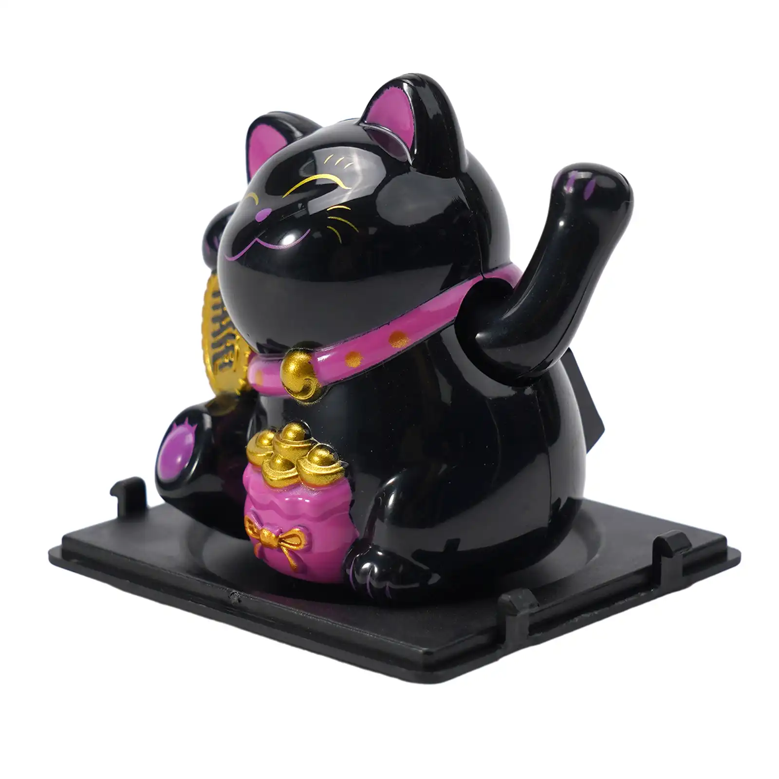 Solar powered lucky cat dashboard decoration with automatic waving motion in black color.