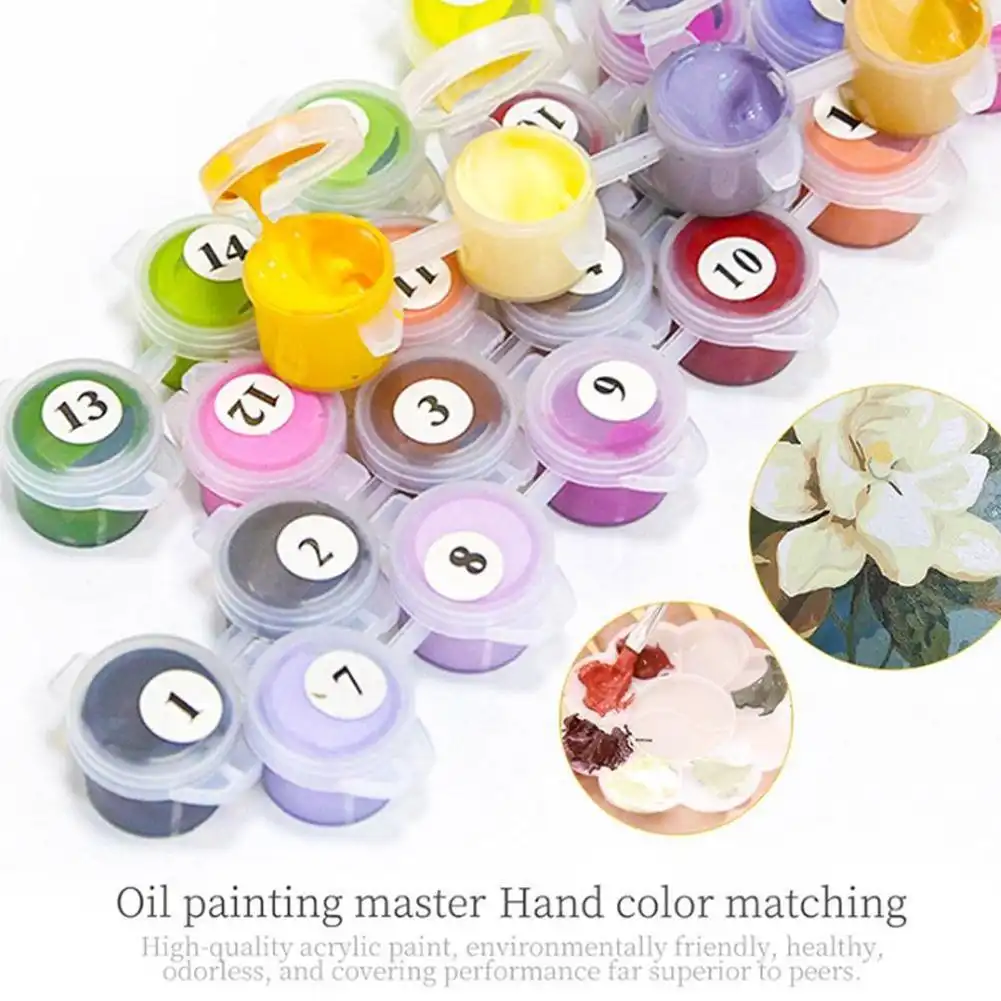 Gouache paint colors arranged with matching numbered sections on canvas.