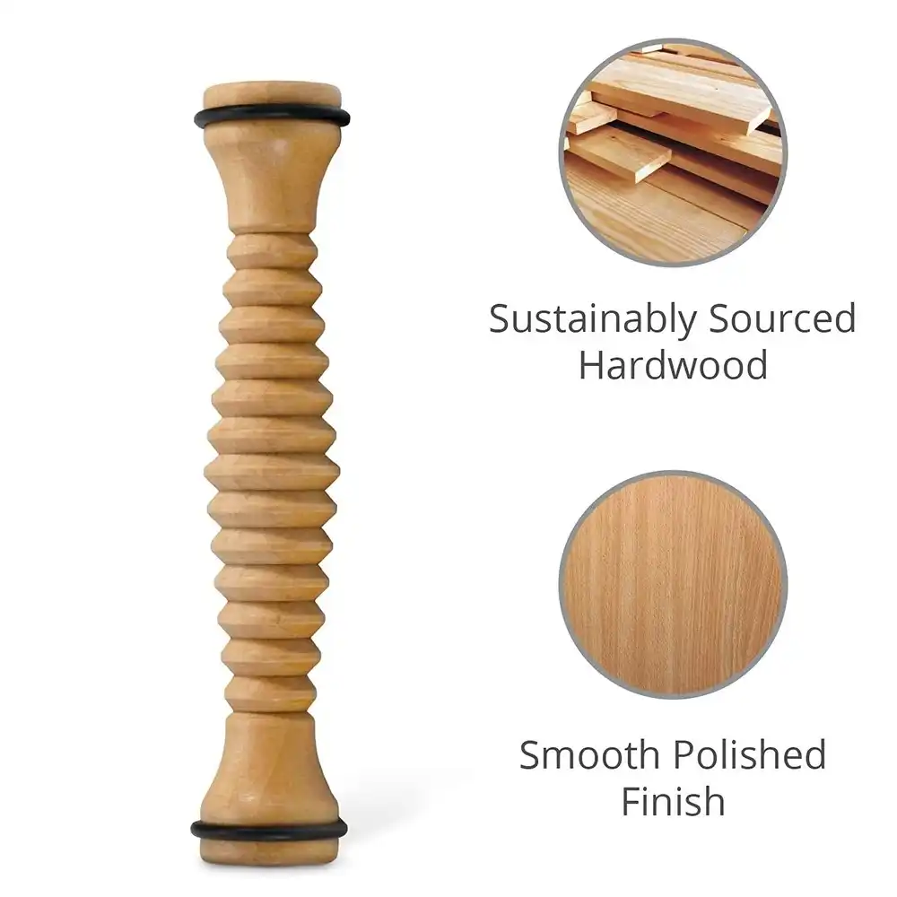 Eco-friendly foot roller for runners, displayed on gym floor..