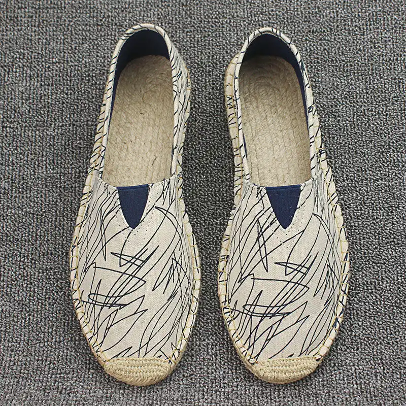 Top view of Old Peking style shoes showing breathable linen canvas construction and stitching.