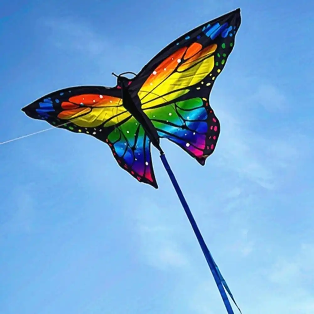 Colorful butterfly kite performing stable flight demonstrating easy steering capabilities.