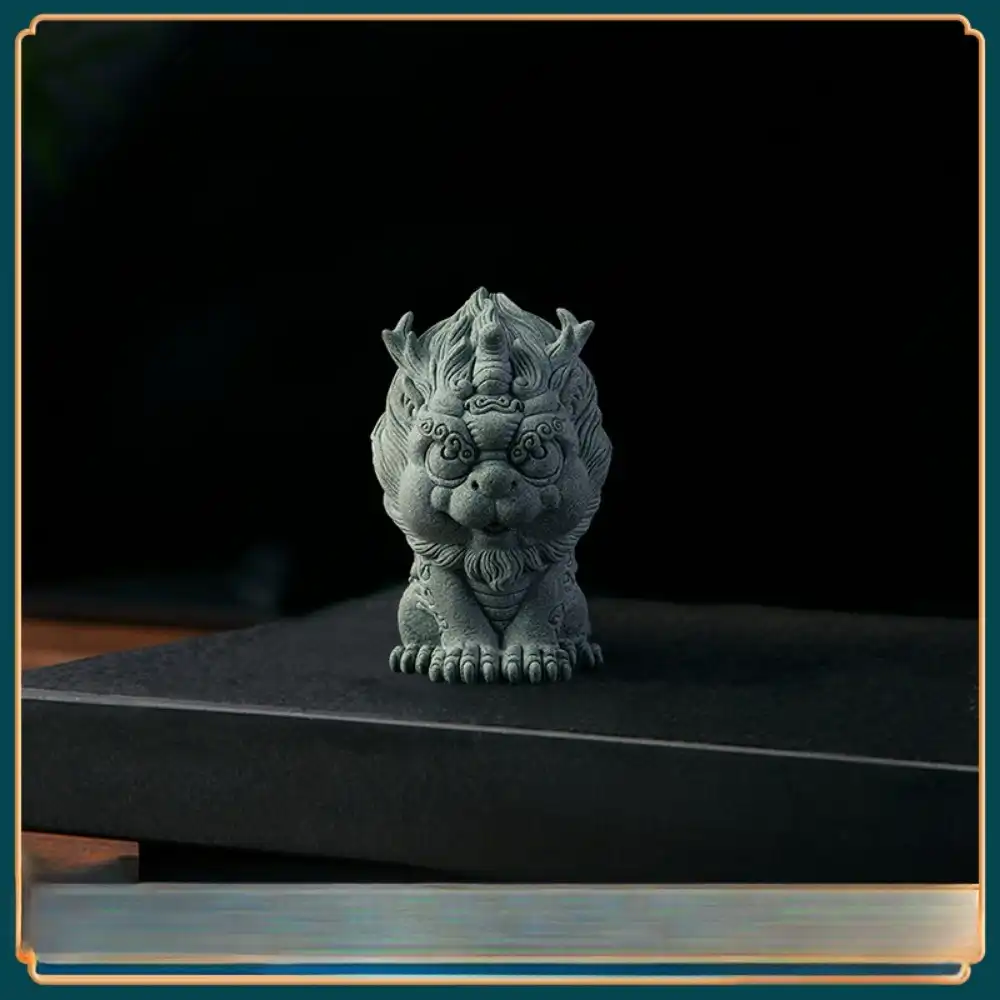 Close-up view of green stone Kirin figurine head featuring mythical creature characteristics.