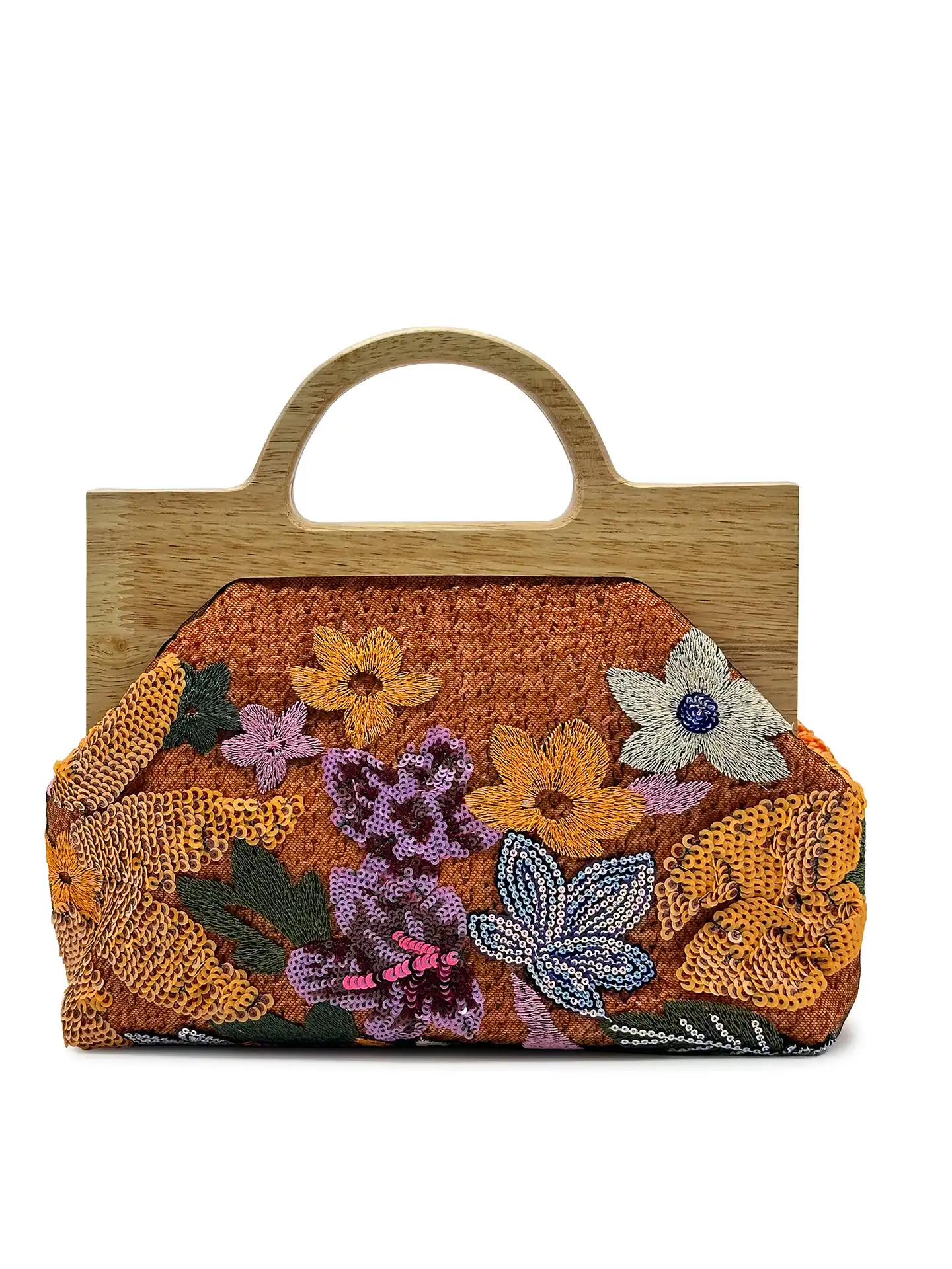 Close-up detail of intricate floral embroidery with shimmering sequins on premium polyester material.