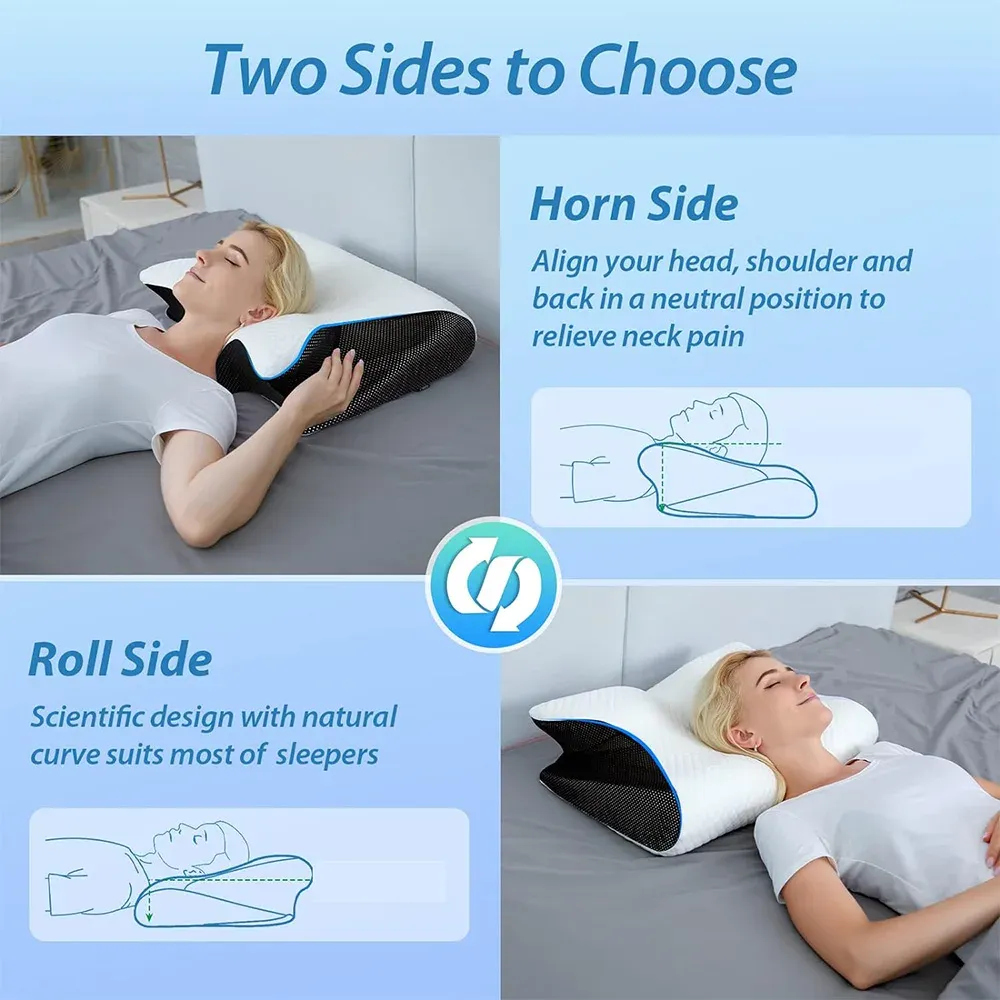 Memory foam cervical neck pillow ergonomic contour design for spinal alignment and pain relief.