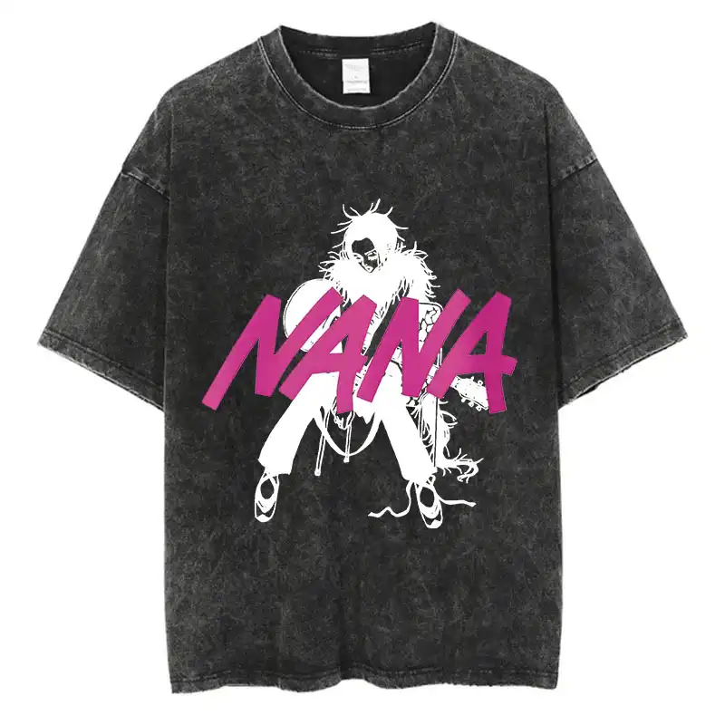 Nana Osaki anime T-shirt with vintage washed black cotton, front view..