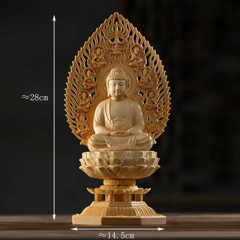Back view of handcrafted wooden Bodhisattva statue showing detailed carving work finish.
