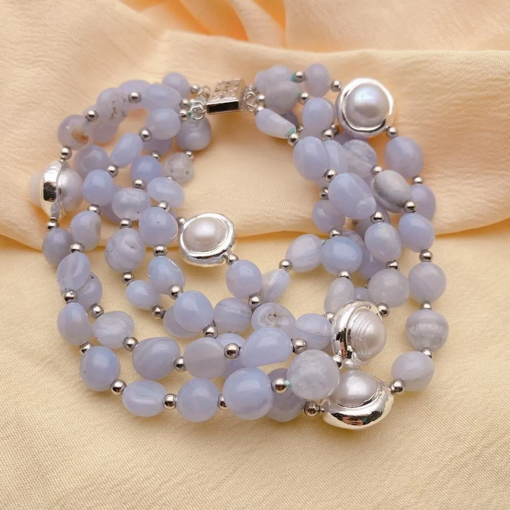 5 strands blue lace agate white pearl bracelet showing natural gemstone and cultured pearl.