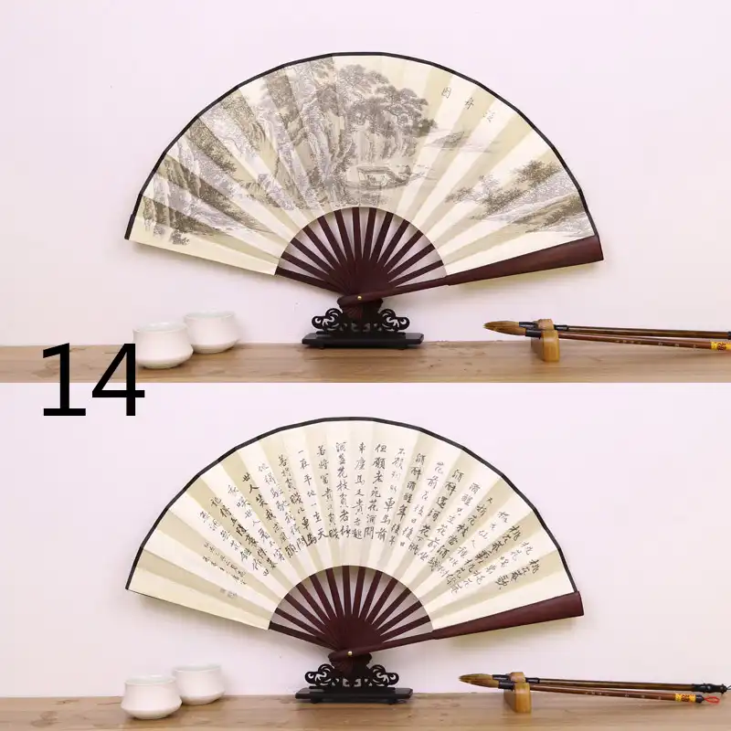 Elegant silk bamboo fan fully opened displaying 48cm wingspan with vintage Chinese artistic patterns.