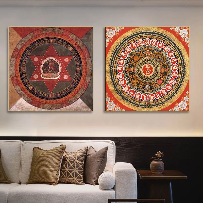 Close up detail Buddhist scripture symbols traditional Thangka artwork waterproof canvas.